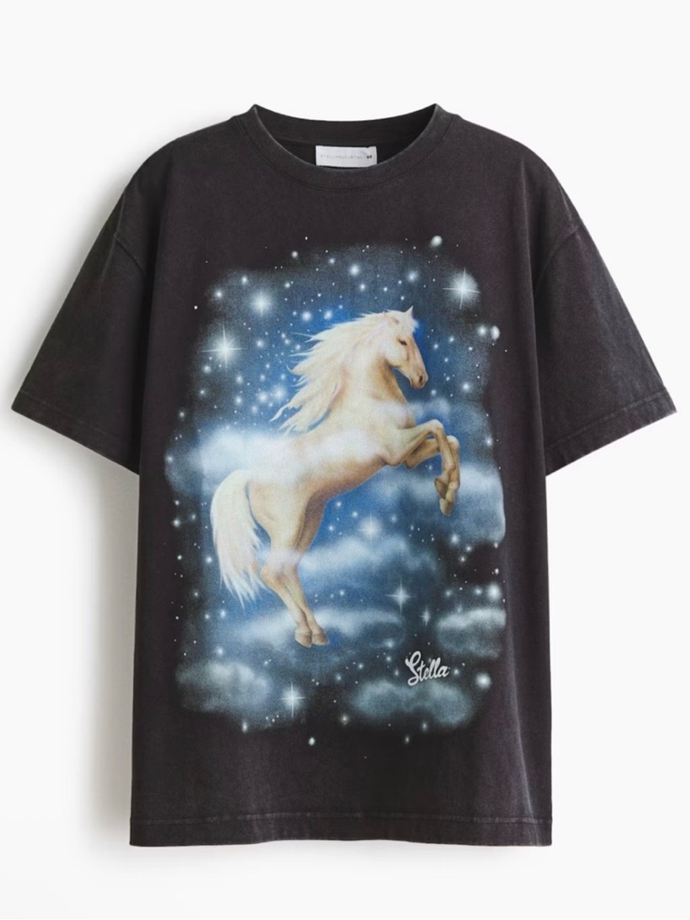 Stella McCartney Black Tee with Cream Horse and Blue Nebula